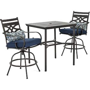 Montclair 3-Piece Metal Outdoor Bar Height Dining Set with Navy Blue Cushions, Swivel Rockers and Table