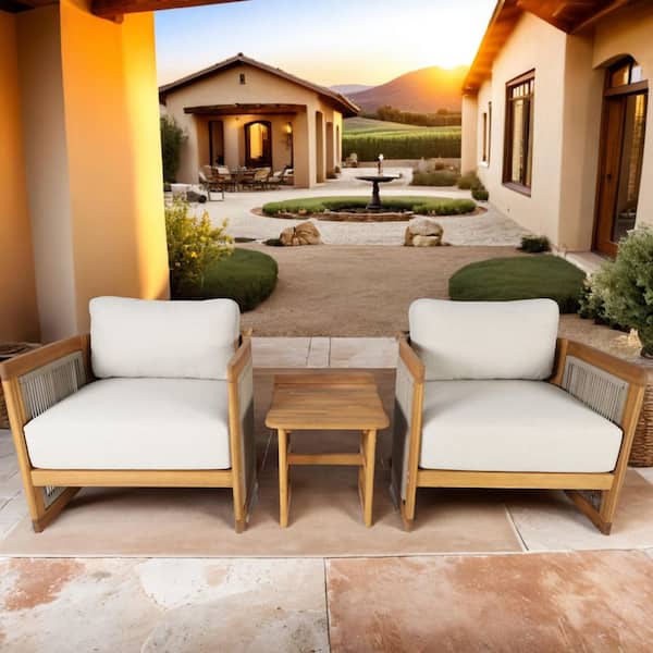 Guzal 3-Piece Acacia Wood Patio Outdoor Conversation Set with Cream Cushions