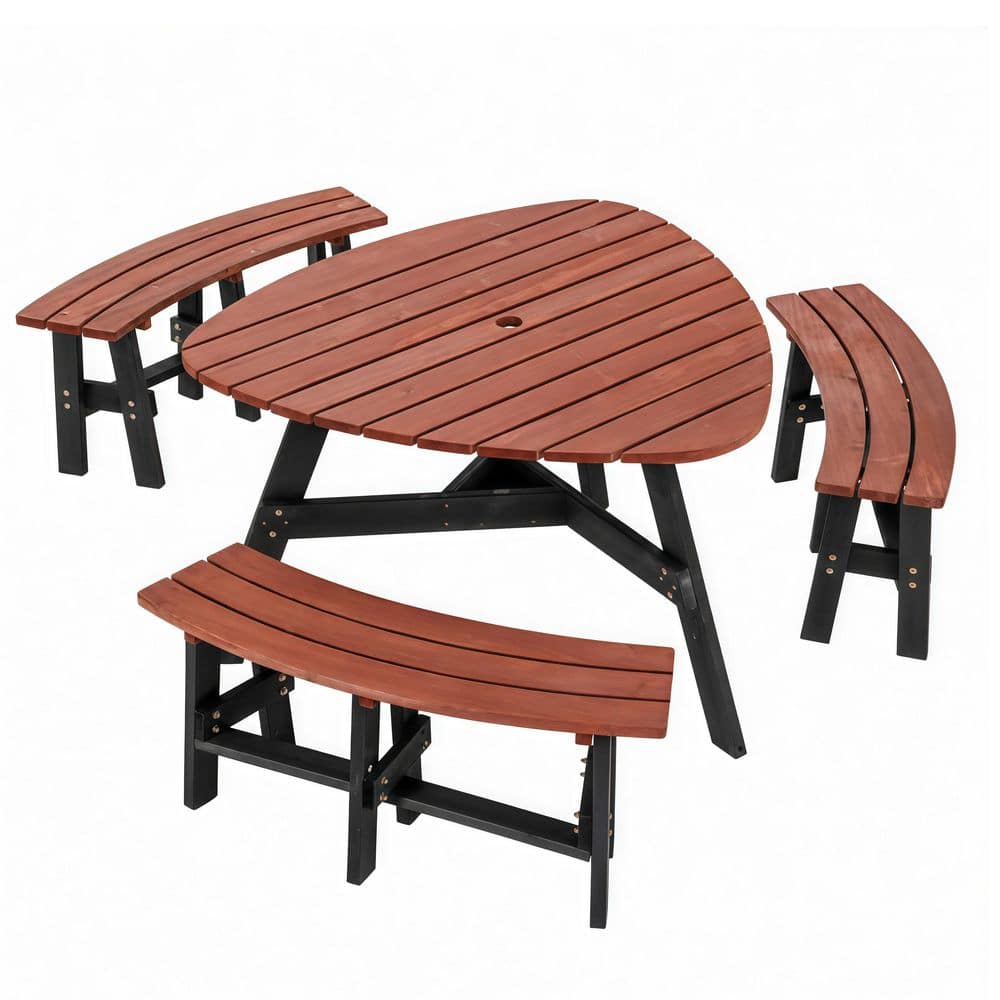 6 Person 69 in. Brown Round Fir Wood Picnic Table with 3 Attached Built-in Benches, Central Umbrella Hol price history on PriceWatchPro