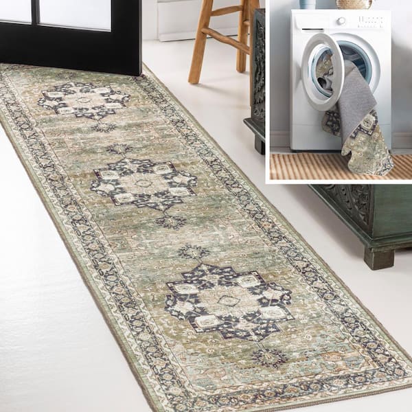Maris Ornate Medallion Machine-Washable Green/Tan/Blue 2 ft. x 8 ft. Runner Rug