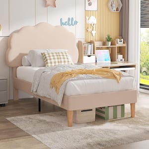 Kids Cloud Headboard Twin Bed Frame - Children's Upholstered Platform Bed, Adjustable, No Box Spring Needed (Beige)