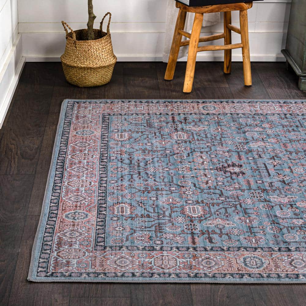 Persian-Inspired Blue and Red Chenille Washable Area Rug