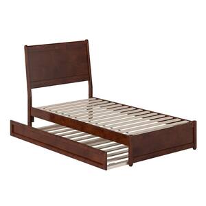 Casanova Walnut Brown Solid Wood Frame Twin Platform Bed with Panel Footboard and Twin Trundle