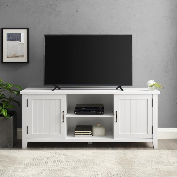 Modern Farmhouse Solid White 58 in. TV Stand That Fits TVs up to 65 in. with 2-Grooved Doors