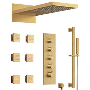 22 in. 15-Spray Radiance Waterfall Wall Bar Shower Kit with 6-Body Spray in Brushed Gold (Valve Included)