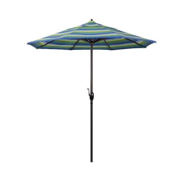 California Umbrella 7.5 ft. Bronze Aluminum Market Auto-Tilt Crank Lift Patio Umbrella in Seville Seaside Sunbrella