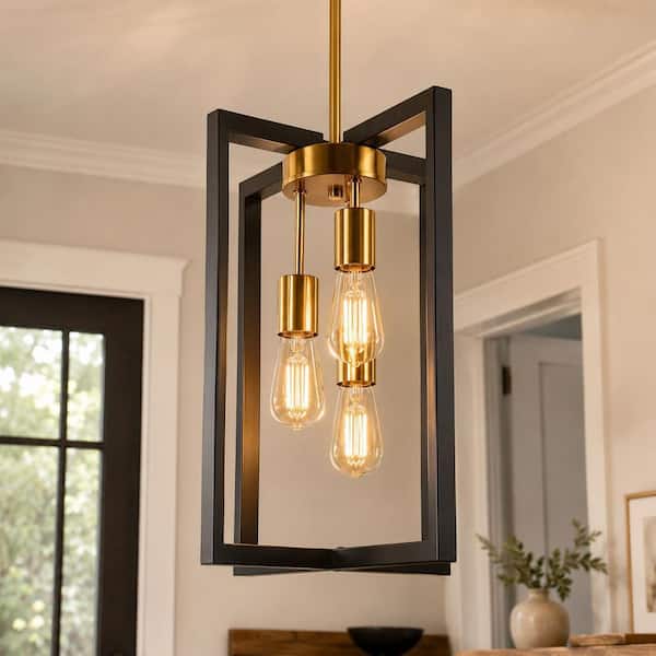 YANSUN 3-Light Modern Rectangle Black and Gold Pendant Kitchen