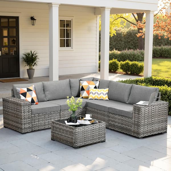HOOOWOOO Tahoe Gray 6-Piece Wicker Extra-Wide Arm Outdoor Patio Conversation Sofa Set with Gray Cushions