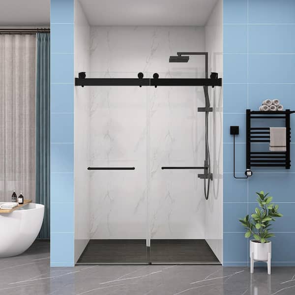 grossag 60 in. W x 79 in. H Sliding Frameless Shower Door in Matte Black Finish with Clear Glass and Stainless-Steel Hardware