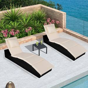Black 2-Piece Wicker Patio Outdoor Chaise Lounge with Beige Cushions