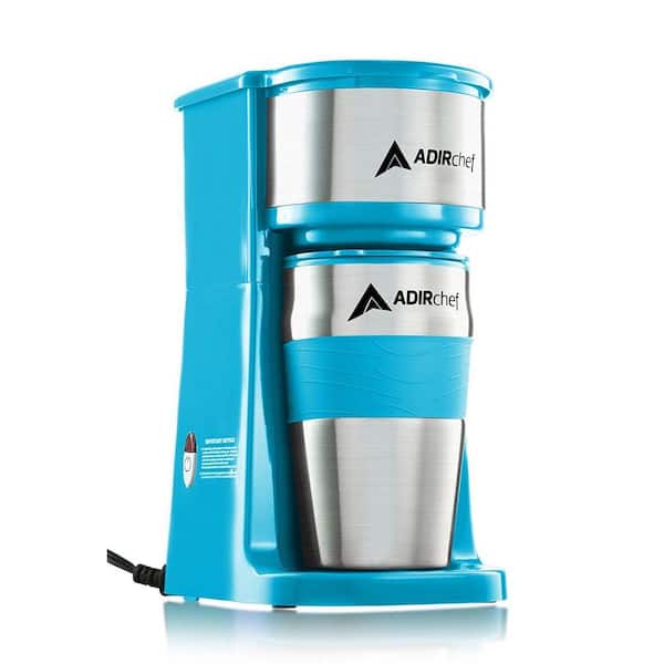 AdirChef Grab'n Go Crystal Blue Single Serve Coffee Maker with Stainless Steel Travel Mug