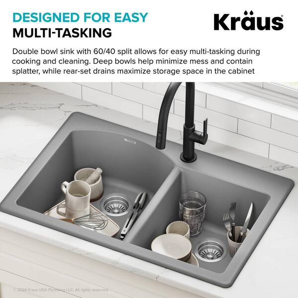 Granite Composite 33 in. 60/40 Double Bowl Drop-in Kitchen Sink in Carbon Sink Kit
