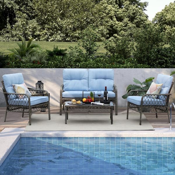Tenleaf Ergonomic 4-Piece Wicker Patio Conversation Set with Blue Cushions and High Quality Pillows