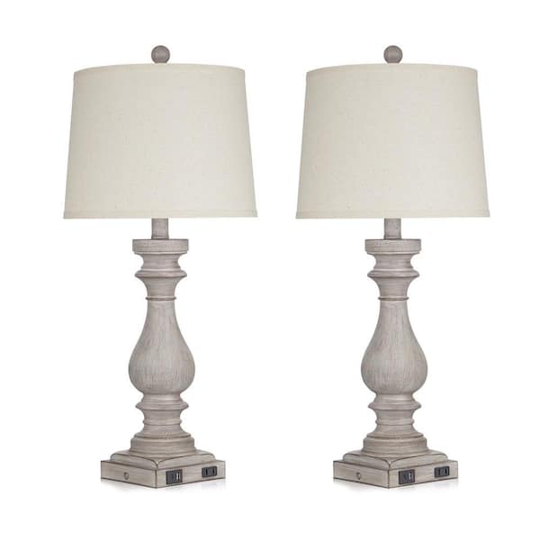 Tihiri 29 in. Distressed Gray Resin Table Lamp Set with Tpye-C and USB Ports, Built-in Outlet (Set of 2)