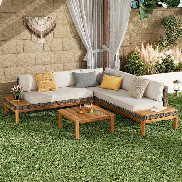 AUTMOON 4-Piece Wicker Outdoor Patio Conversation Sectional Seating Set with Khaki Cushions