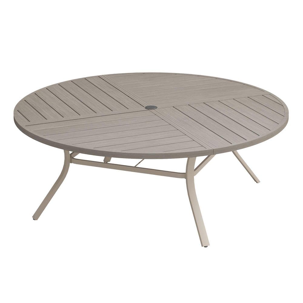 63 in. Gray Wood-Like Round Metal Outdoor Dining Table with Adjustable Umbrella Hole, All-Weather Patio Table for Yard price history on PriceWatchPro