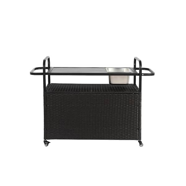 Wicker Outdoor Bar Cart with Cabinet, Patio Serving Cart with steel Top, Side Basket for Garden Poolside and Backyard