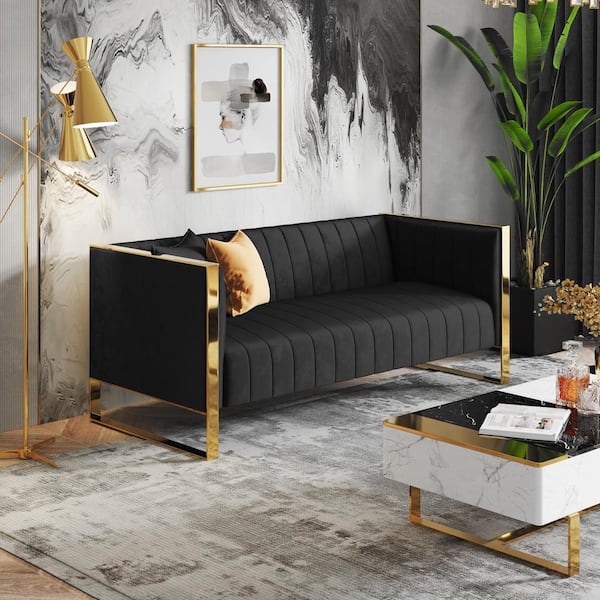Manhattan Comfort Trillium 83.07 in. Square Arm Velvet Rectangle 3-Seat Sofa in Black and Gold