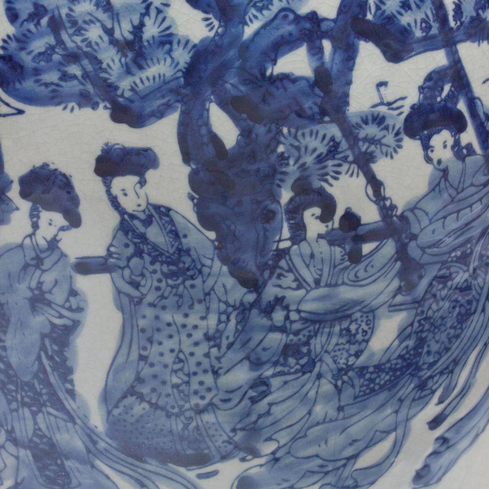 32" Blue and White Porcelain Temple Jar with Floral Design