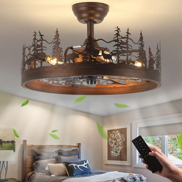 15.7 in. Farmhouse Bronze Clear Flush Mount Ceiling Fan with Light Rustic Fandelier Fan with Remote Reversible Blades