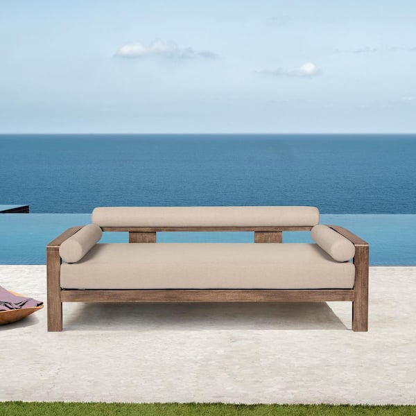 Armen Living Relic Light Brown Eucalyptus Wood Outdoor Couch with Taupe Cushions