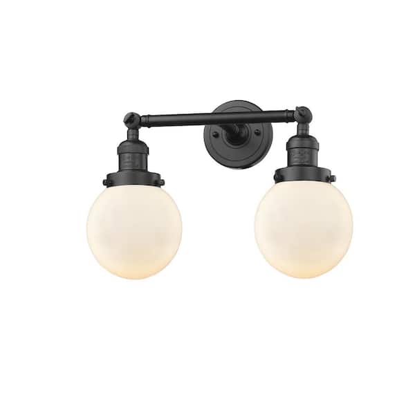 Beacon 17 in. 2 Light Matte White, Oil Rubbed Bronze Vanity Light with White Glass Shade