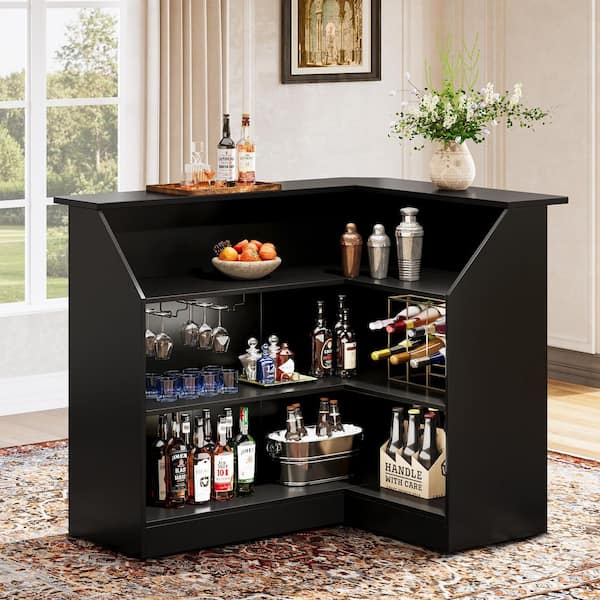 Kearsten Black 44.09 in. Corner Bar L-Shaped Home Bar Table with Stemware Racks, 4-Tier Bar Cabinet Unit Liquor Table