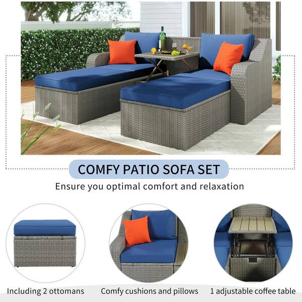 Afoxsos 3-Piece Wicker Patio Conversation Set with Cushions, Pillows, Ottomans and Lift Top Coffee Table