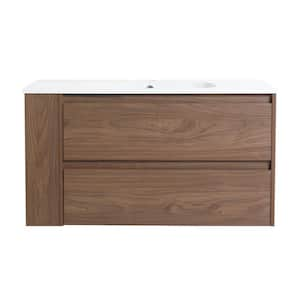 36 in. W x 18 in. D x 19 in. H Floating Bathroom Vanity in Brown Oak with White Top and Acrylic Sink