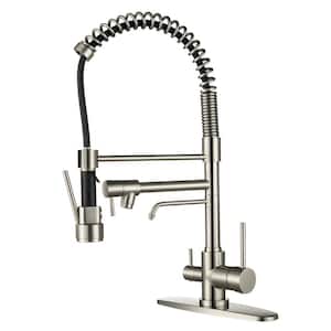 Double Handle 3-Spout Spring Pull Down Sprayer Kitchen Faucet with Lock in Brushed Nickel