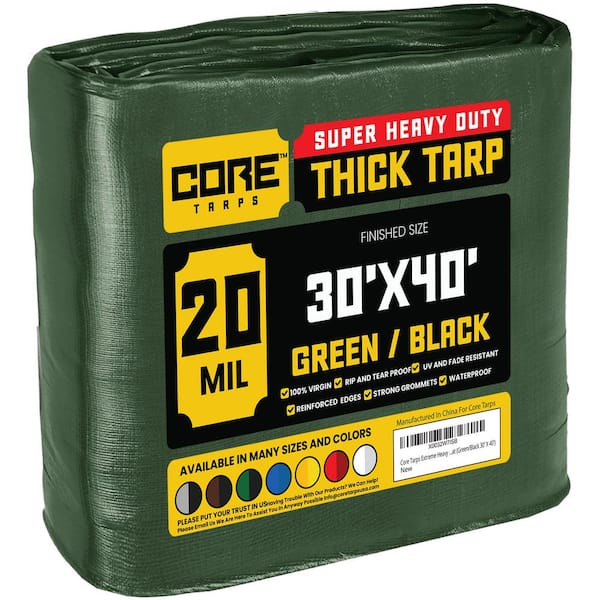 CORE TARPS 30 ft. x 40 ft. Green/Black 20 Mil Heavy Duty Polyethylene Tarp, Waterproof, UV Resistant, Rip and Tear Proof