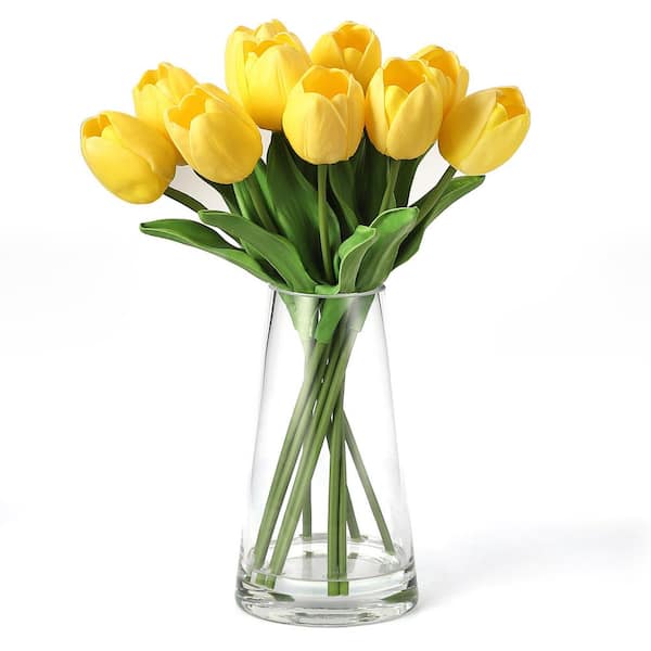 13.78 in. Yellow Silk Tulip Bouquet in Clear Glass Vase-Artificial Flower Arrangement with Green Leaves