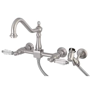 Victorian Crystal 2-Handle Wall-Mount Standard Kitchen Faucet with Side Sprayer in Brushed Nickel