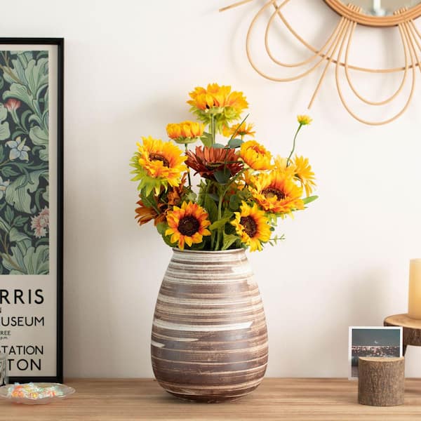 Uniquewise 6 in. Farmhouse Ceramic Vase-Rustic Vintage Decorative for Living Room, Dining, or Bedside Table, brown, Shape- round