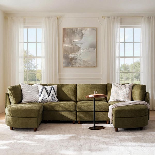 Gianna 125 in. Slope Arm Polyester Modular Modern Under-Seat Storage Sectional Sofa with Integrated Table in Moss