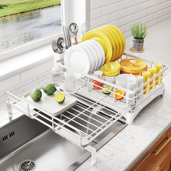 12.2 in. to 21.7 in. White Extendable Dish Rack, Dish Drying Rack, Stainless Steel Dish Strainer with Utensil Holder