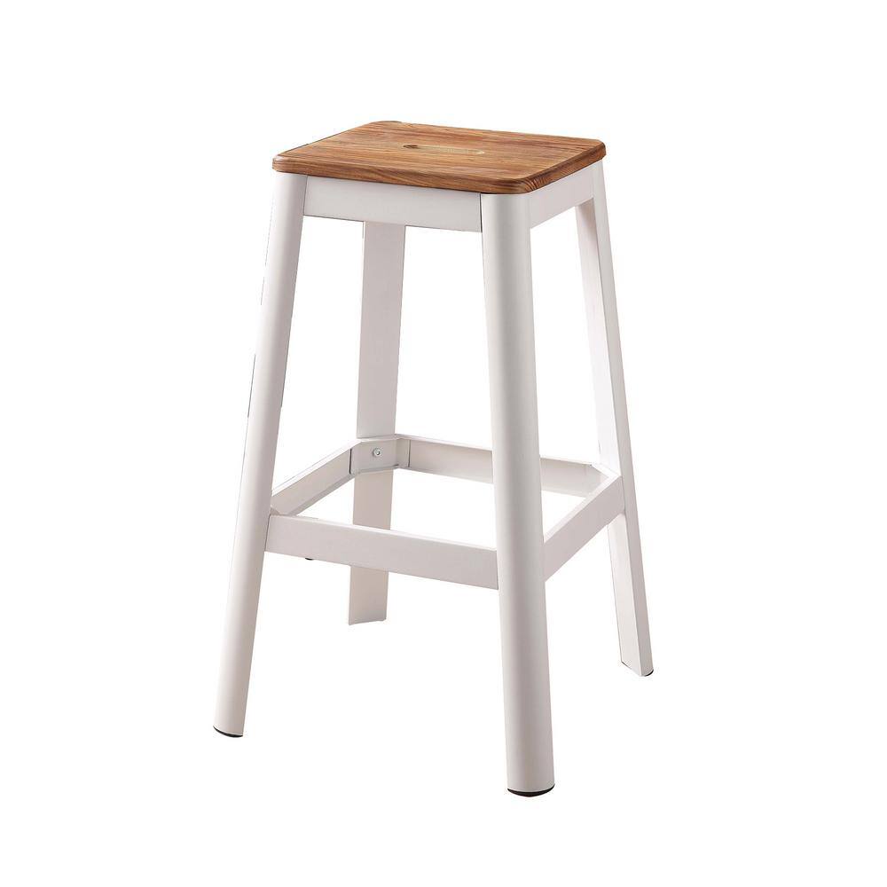 Natural and White Backless Pine Wood and Metal Bar Stool