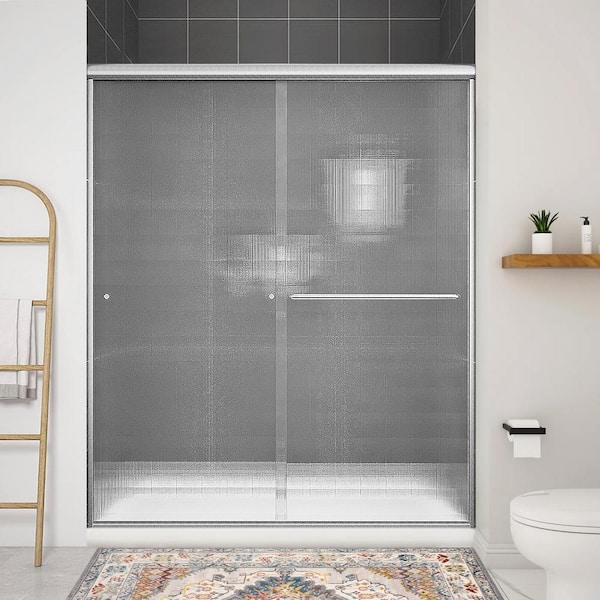 WELLFOR 60 in. W x 72 in. H Sliding Semi-Frameless Tub Shower Door Frosted Shower Glass in Brushed Nickel