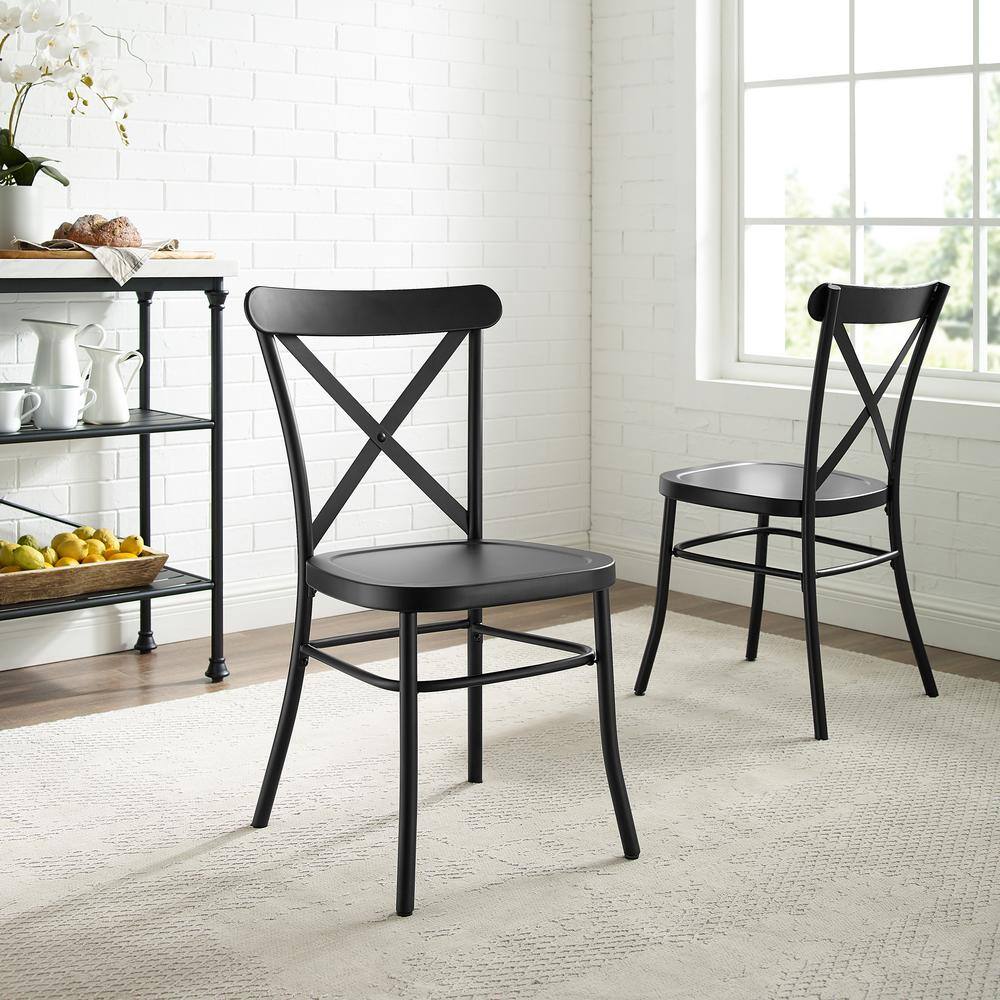 Set of 2 Matte Black Metal Cross Back Industrial Dining Chairs