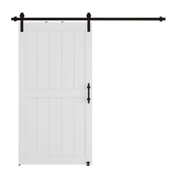36 in. x 84 in. White H Style MDF Sliding Barn Door Slab with Hardware Kit (with Round Tube Handrail and Sway Stop)