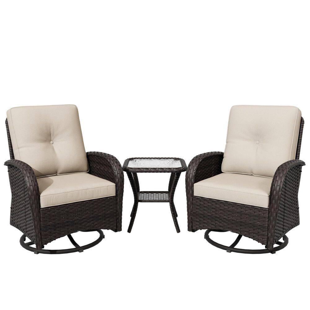 3-Piece Espresso Wicker Outdoor Rocking Chair Patio Swivel Chair with Beige Cushions and Table price history on PriceWatchPro