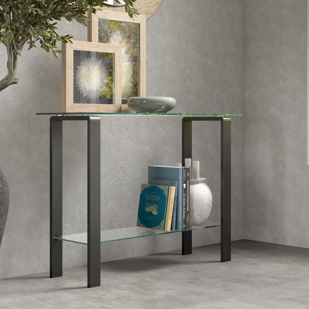 Asta 42'' Gunmetal Gray Glass Console Table with Storage