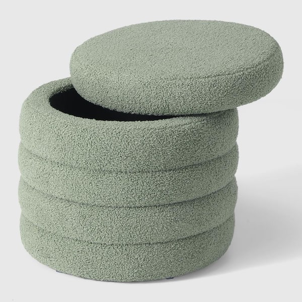 Bayville Modern 16" Tall Sherpa Fabric Tufted Round Storage Ottoman in Ice Green