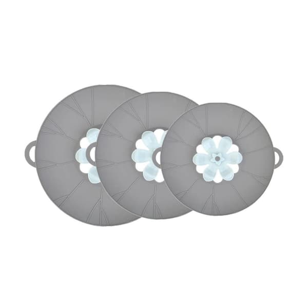 3-Piece Gray Silicone Lid Set, 10.43 in. 11.81 in. 12.8 in. Microwave Splatter Cover, Reusable Heat Resistant Lids