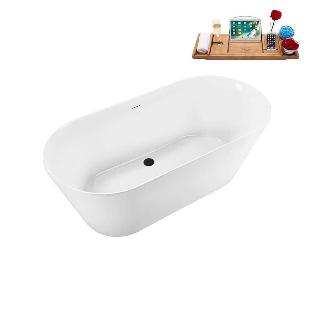 59'' Glossy White Acrylic Freestanding Soaking Bathtub with Matte Black Drain