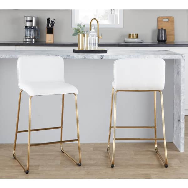 Casper 26 in. White Faux Leather and Gold Metal Fixed-Height Counter Stool (Set of 2)