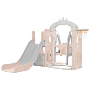 Pink 5 in 1 Freestanding Indoor, Outdoor Toddler Slide and Swing Set with Basketball Hoop
