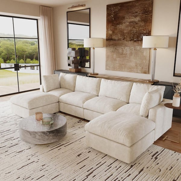100 in. Square Arm 6-Piece Chenille L-Shaped Modualr Sectional Sofa with Detachable Covers, Ottoman in. Beige for Office
