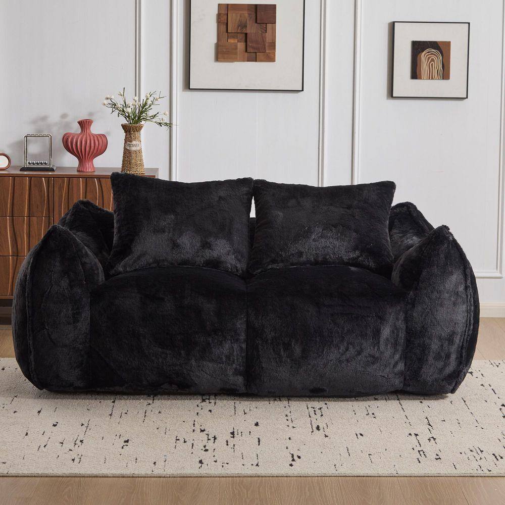 Nestfair 75.2 in. W Round Arm Artificial Rabbit Fur Rectangle Sofa in ...