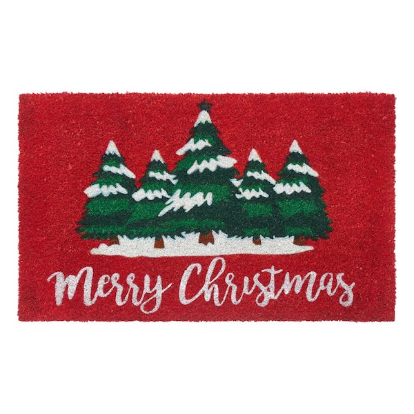 Merry Christmas Snow Trees Multi 18 in. x 30 in. Coir Printed Outdoor Door Mat
